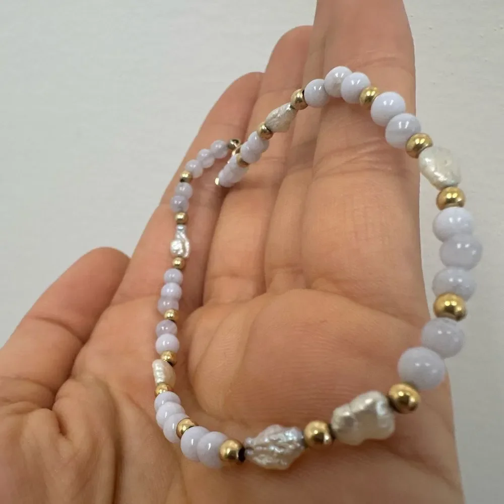 14K Blue Lace Agate, Gold Beads & Pearls Bracelet 8.5” 14KT Vintage